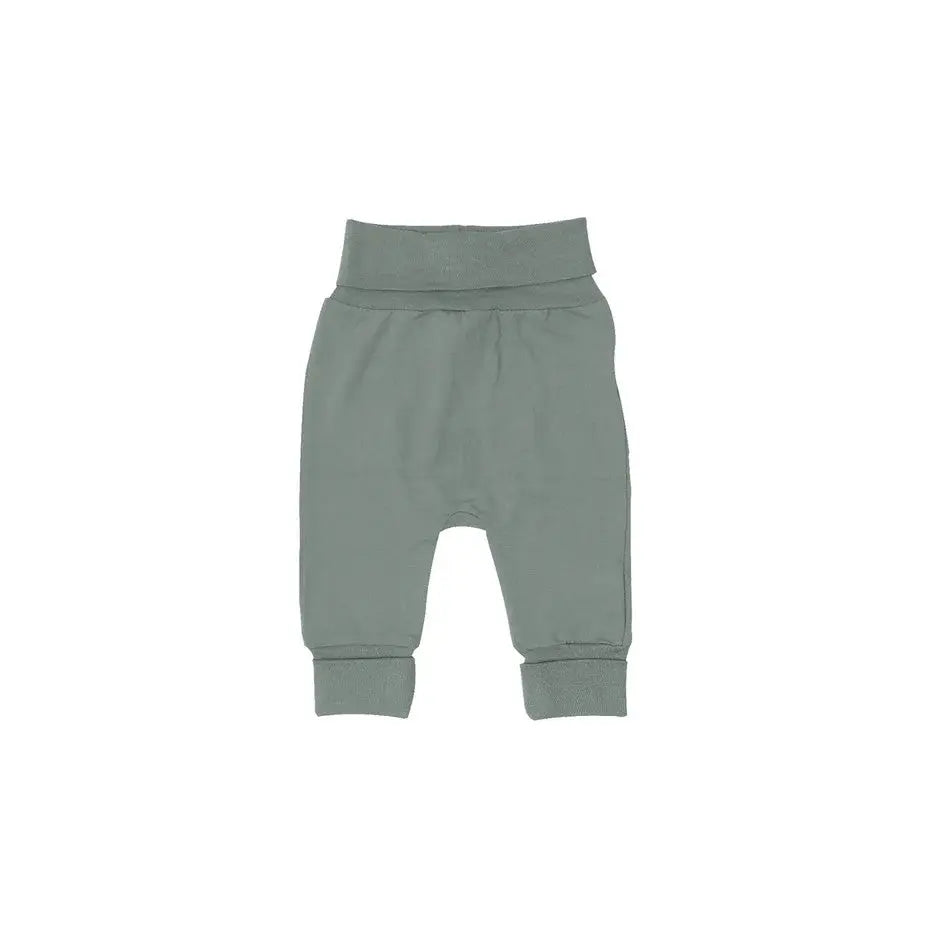 Coccoli Infant Cotton TENCEL™ Modal Lily Pad pants in sage green, laid flat to reveal ribbed waistband and cuffs