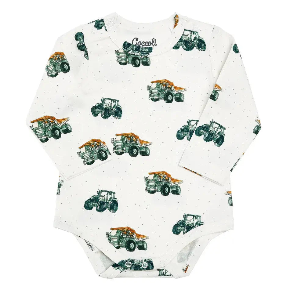 Coccoli Infant Cotton TENCEL™ Modal Romper Cream Tractors; romper laid flat to reveal green/orange tractor print.