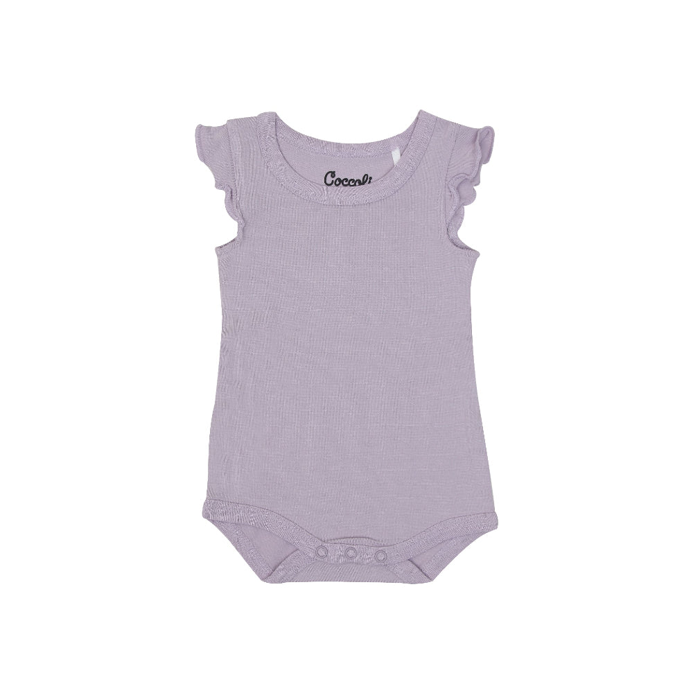 Coccoli infant lavender romper in cotton TENCEL™ Modal blend with snap bottom closures