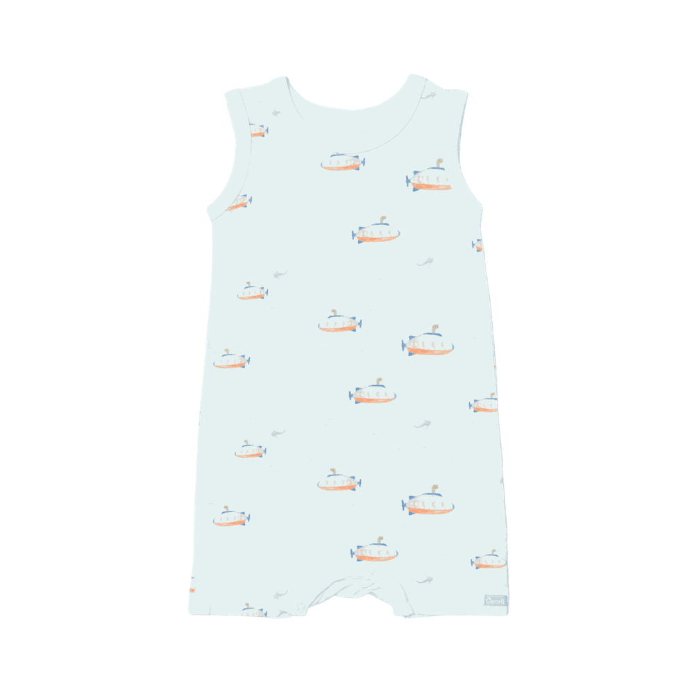 Coccoli infant romper in spa blue with submarine print; cotton TENCEL™ Modal fabric, COCCOLI brand.