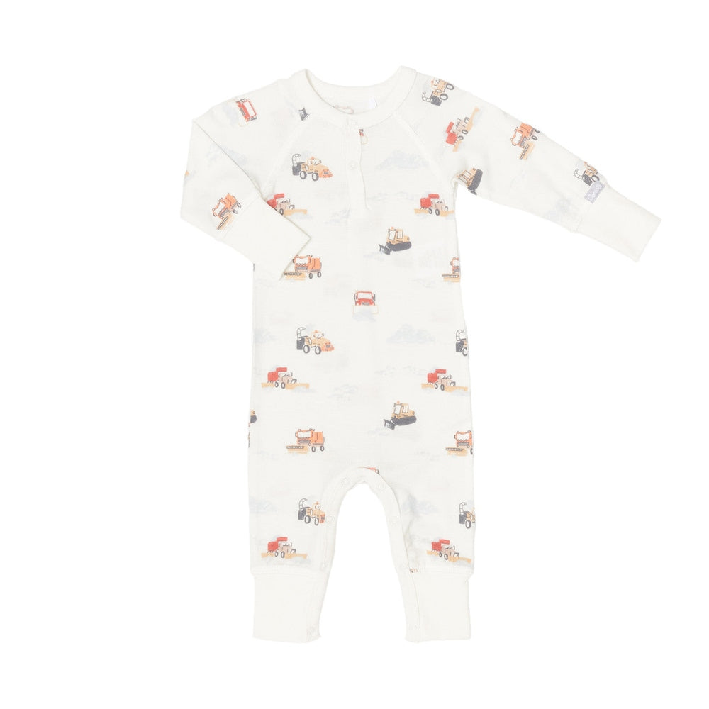 Coccoli Infant Cotton TENCEL Modal Unionsuit Snowplows on Cream; cream baby onesie with long sleeves and playful truck prints.