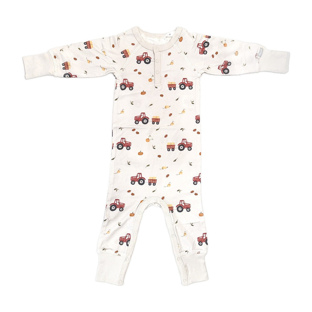 COCCOLI infant unionsuit in oat milk with red tractor print; cotton TENCEL Modal fabric