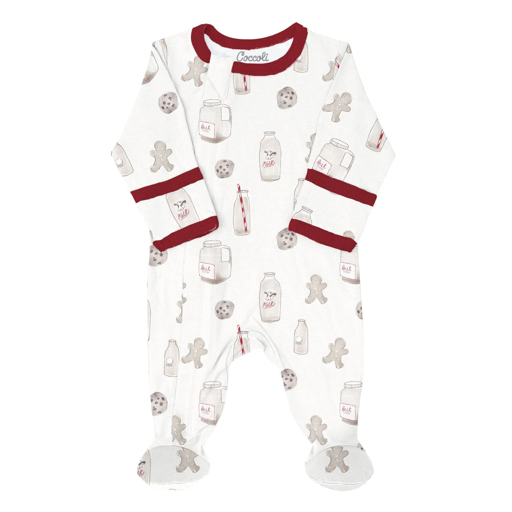 Coccoli infant zipper footie in white with red trim and cookie print, TENCEL™ Modal blend