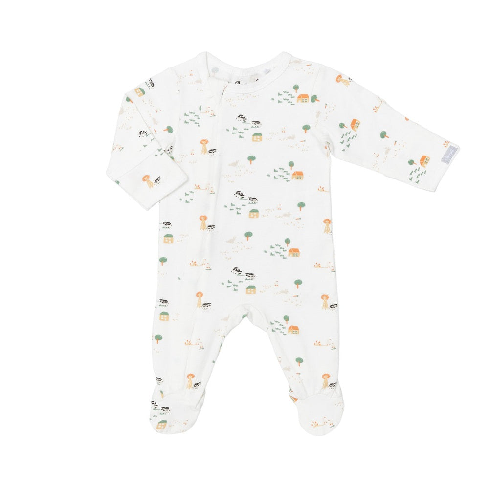 Coccoli infant zipper footie in cream with farm animals print; soft cotton TENCEL Modal, footed one-piece.