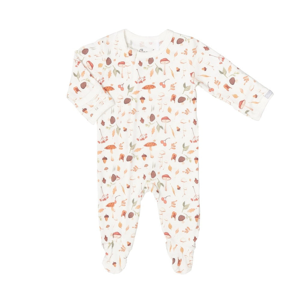Coccoli Infant Cotton TENCEL™ Modal Zipper Footie Mushrooms On Cream laid flat showcasing mushroom print.