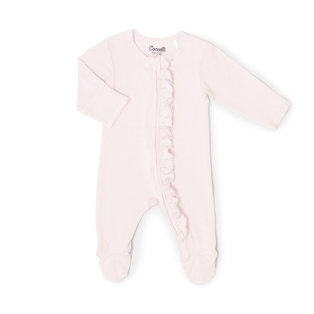 Coccoli infant zipper footie in pink cotton TENCEL Modal blend, front zipper with ruffle trim.
