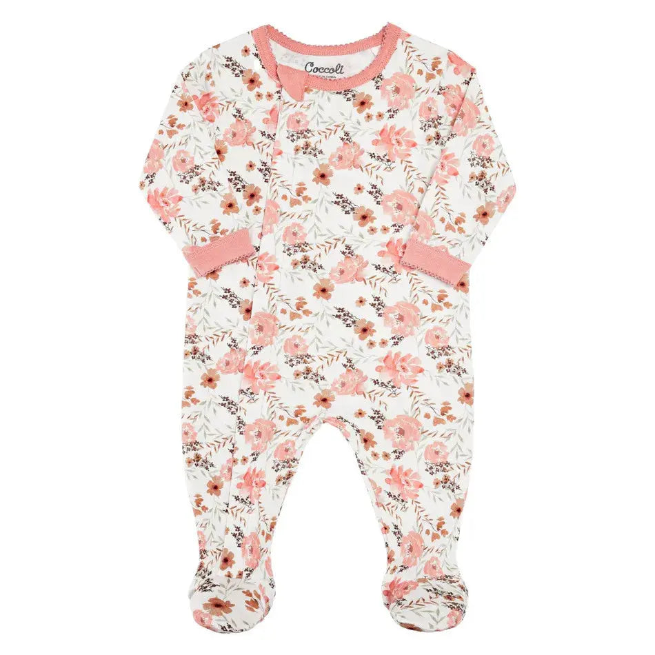Coccoli Infant Floral Cotton TENCEL™ Modal Zip Footie, white with pink blossoms, pink cuffs.