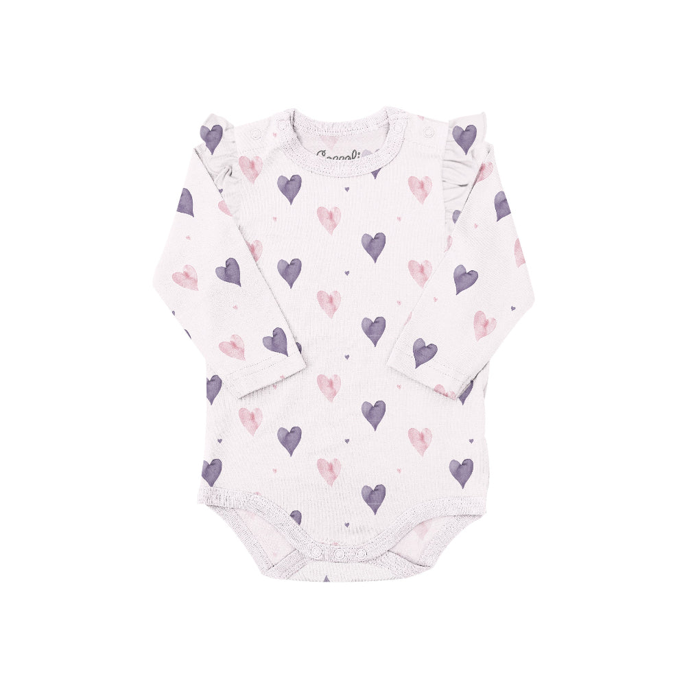 Coccoli infant long-sleeve romper in light pink with purple and pink hearts, cotton-TENCEL Modal