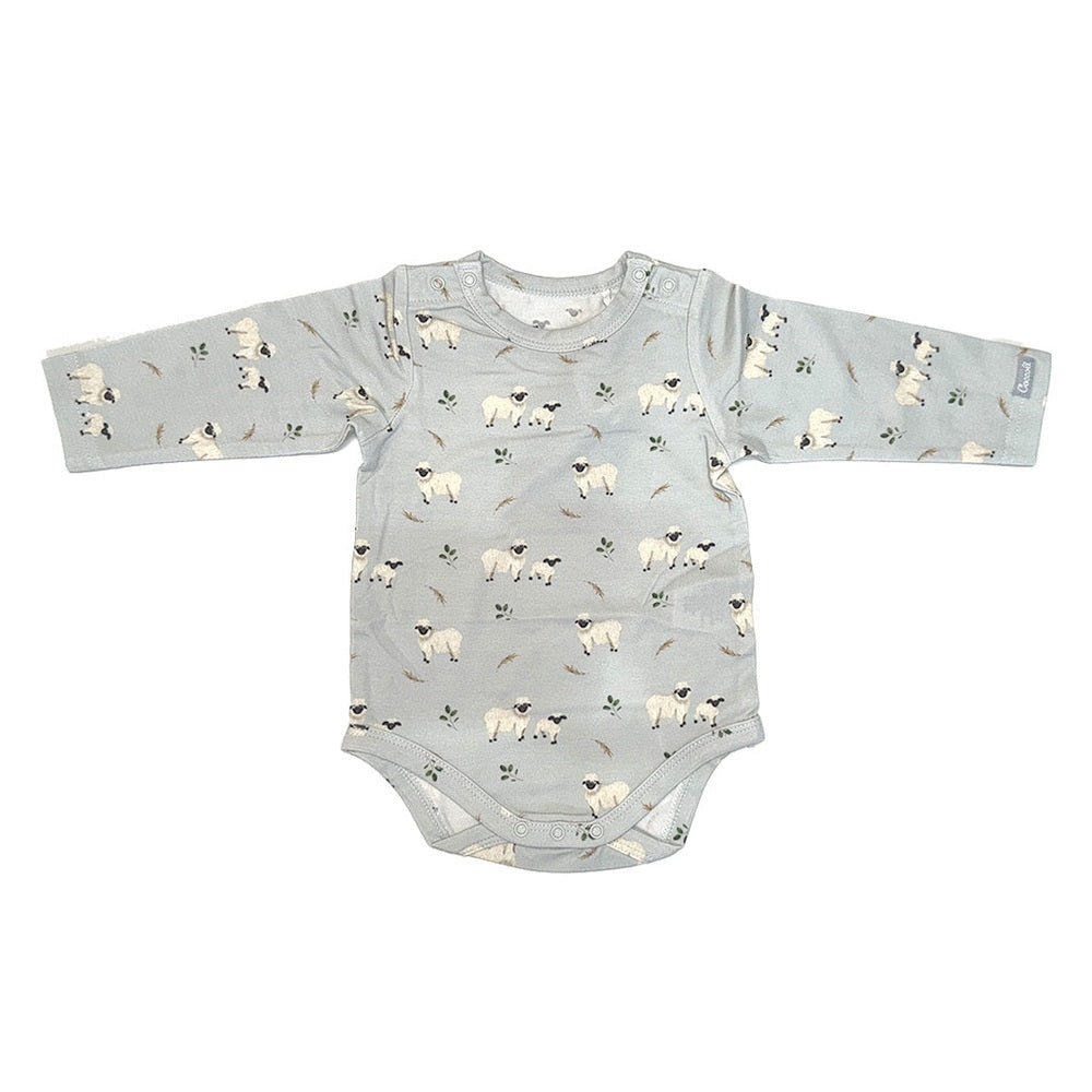 Coccoli infant long-sleeve romper in Mercury grey with sheep print; cotton–TENCEL Modal blend.