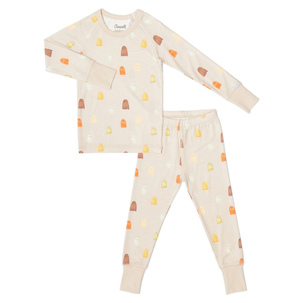 Coccoli Kid Cotton TENCEL Modal Pajamas Ghosts On Beige; beige two-piece set with ghost prints for cozy bed moments.