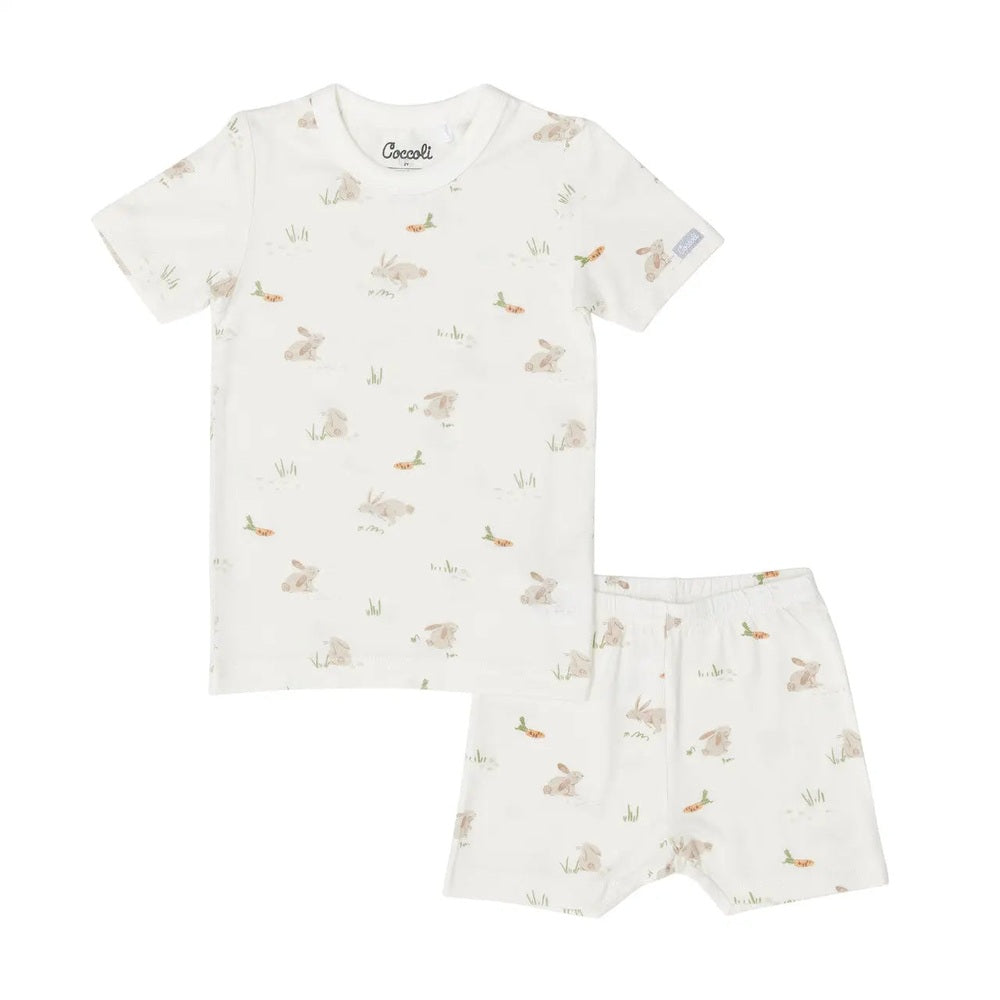 Coccoli Kid Cotton TENCEL™ Modal Short Sleeve Pyjama Bunny set, white with pastel bunny prints.