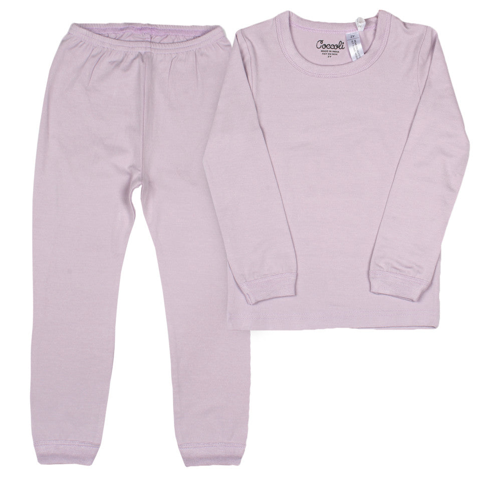 COCCOLI Kid Long Sleeve Cotton TENCEL™ Modal Pajamas in lavender fog; top and pants laid flat.