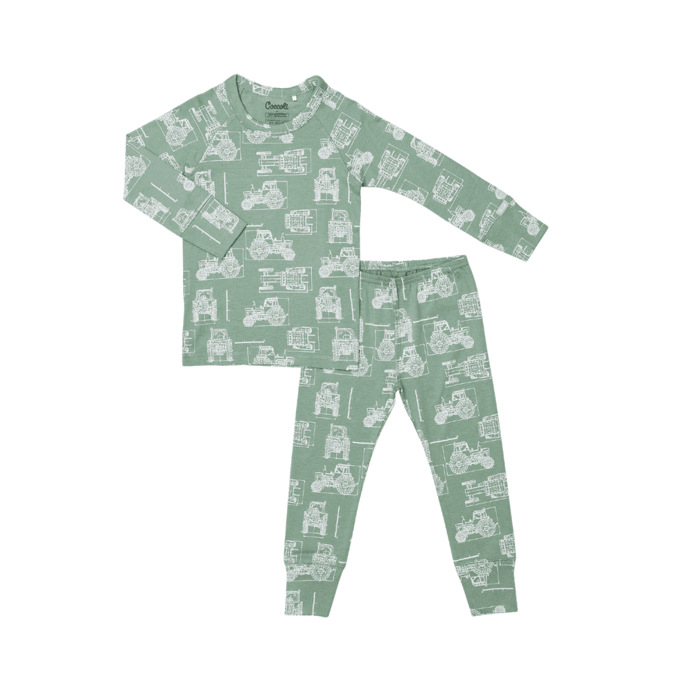 COCCOLI kids long-sleeve cotton-TENCEL™ Modal pajama set in green tractor print, includes top and pants.