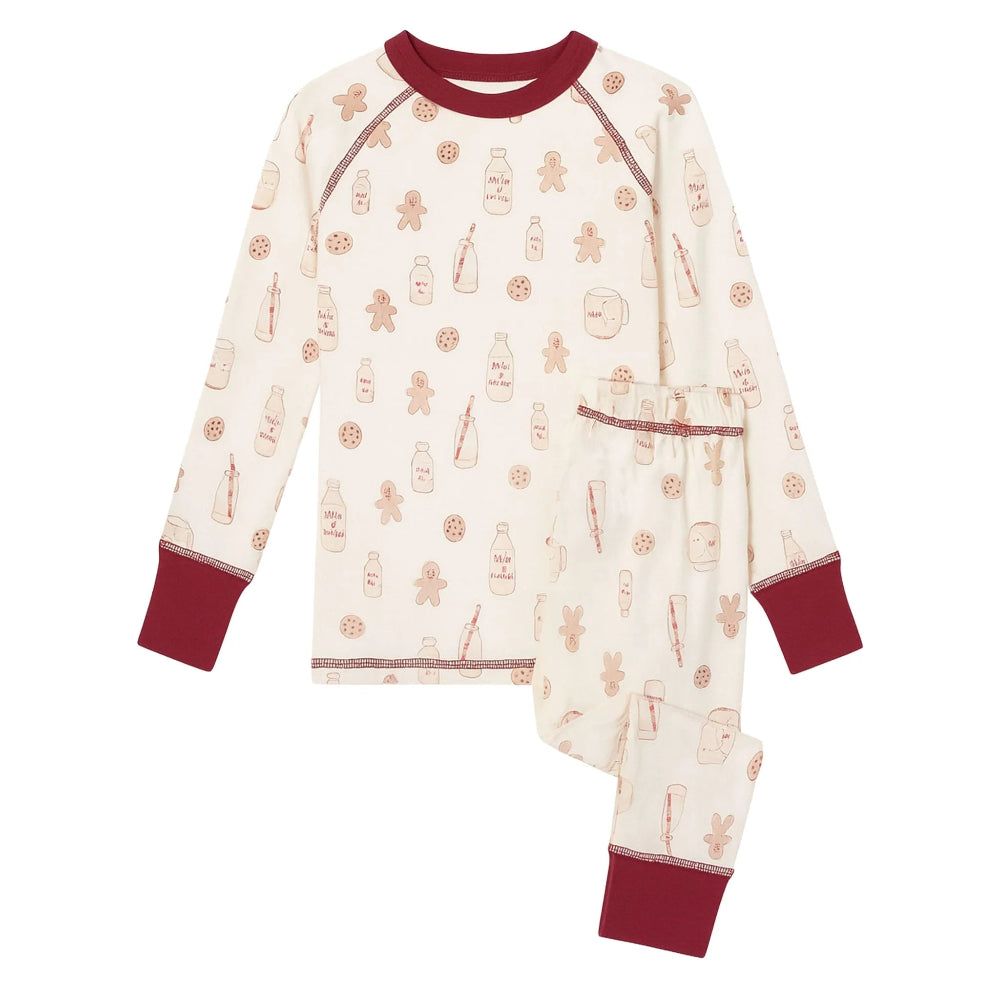 COCCOLI kids long-sleeve pajama set in cream with cookie prints and burgundy cuffs (top & pants)