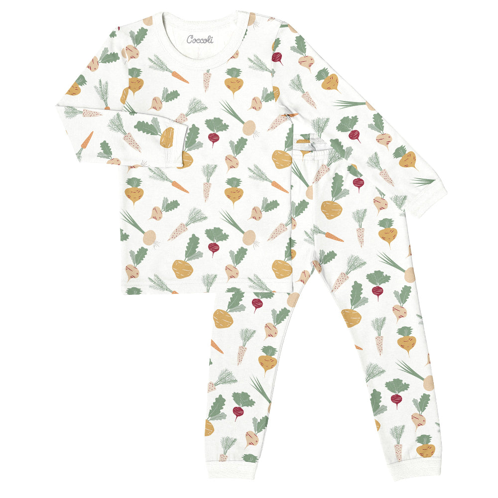 Coccoli kids long-sleeve pajama set in cream with carrot/beet veggie print; cotton TENCEL™ Modal blend, COCCOLI