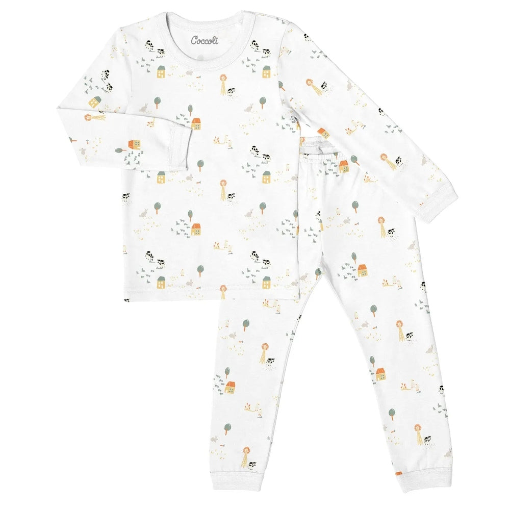 Coccoli Kid Long Sleeve Cotton TENCEL Modal Pyjama Farm Animals on Cream; top and bottom set shown laid flat.