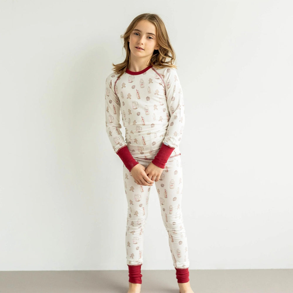 COCCOLI kids long-sleeve pajama set in white with red cuffs and cookies print; cotton TENCEL Modal.