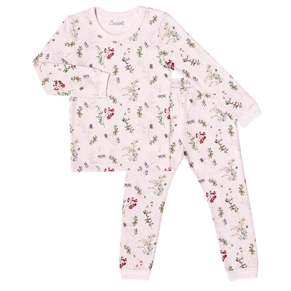 Coccoli kid long-sleeve pajama set in pink berry floral print; cotton TENCEL™ Modal, top and pants.