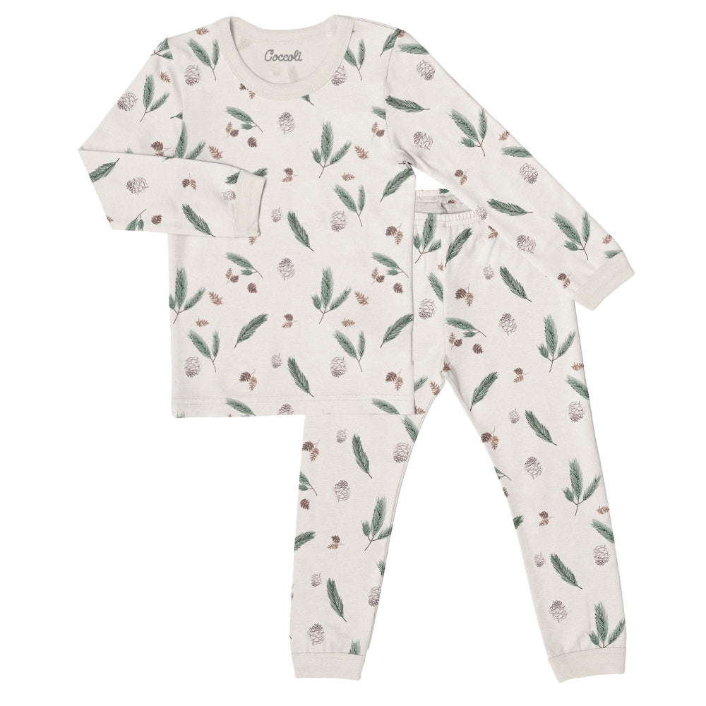 Coccoli pine cone pattern long-sleeve pajama set in oat milk; cotton TENCEL Modal blend, includes top and pants