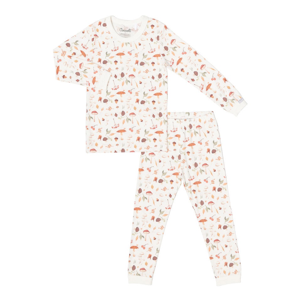 Coccoli Kid Long Sleeved Cotton TENCEL™ Modal Pyjama Mushrooms On Cream set, cream with mushroom print shown laid flat.