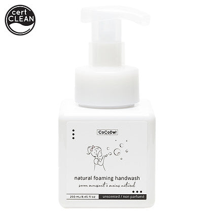 Cocodot Natural Foaming Handwash 250 ml, white pump bottle releasing unscented foam for clean hands.