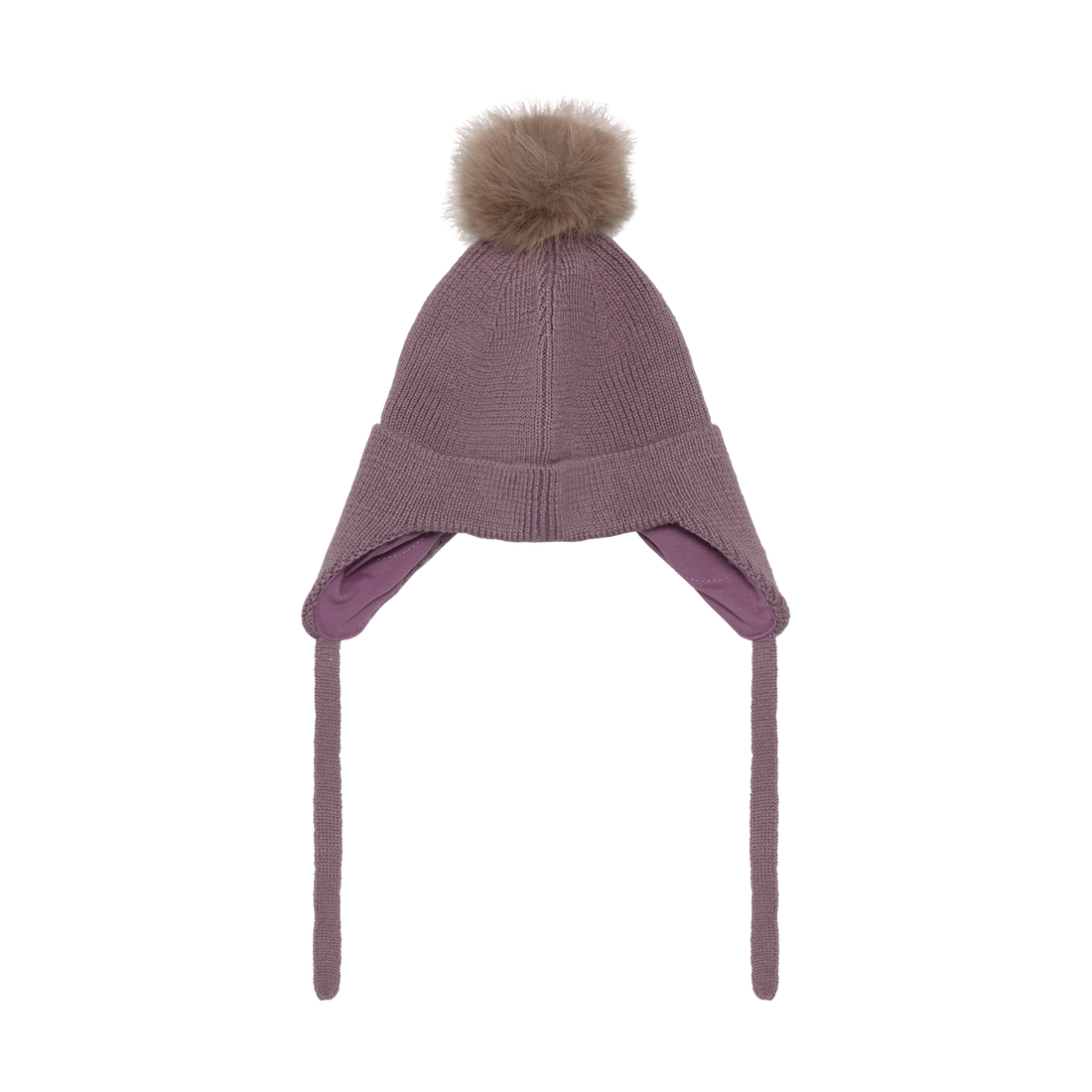 Color Kids 550480 baby hat in Toadstool (6011), front view with pom pom, ear flaps and ties