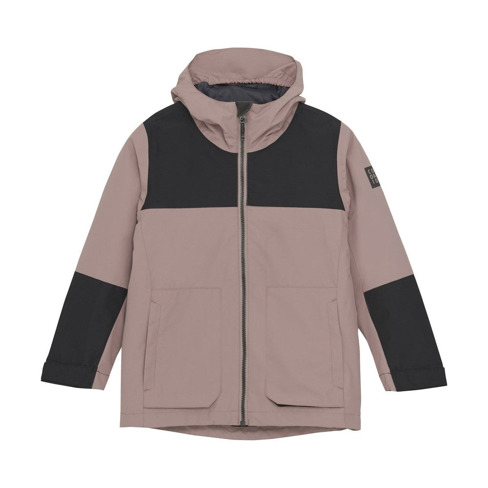 Color Kids Girl Waterproof Jacket Woodrose: pink body with black yoke and sleeves, front zipper and hood.