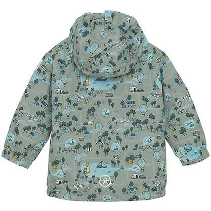 Color Kids Girls Baby Jacket Dusty Green raincoat with hood; playful aviation print all over.