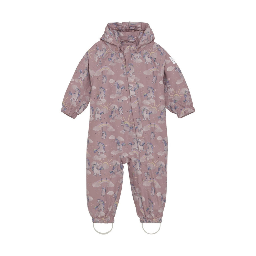 COLOR KIDS Girls Shell Suit Woodrose Unicorns rain suit with hood, pink unicorn print, elastic cuffs and stirrups at ankles