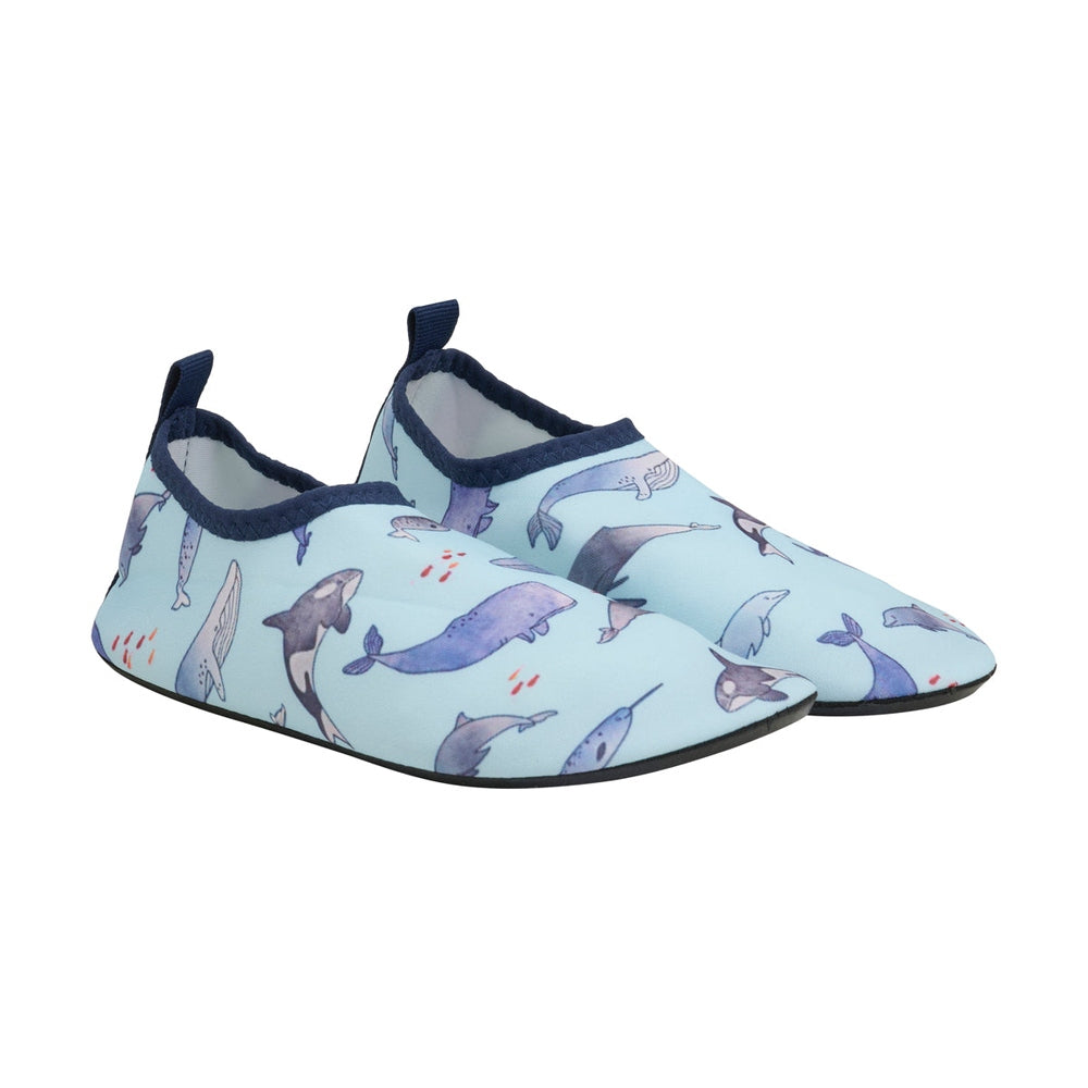 Color Kids Swim Shoes Summer Song toddlers’ light blue slip-on water shoes with navy trim and whale print.