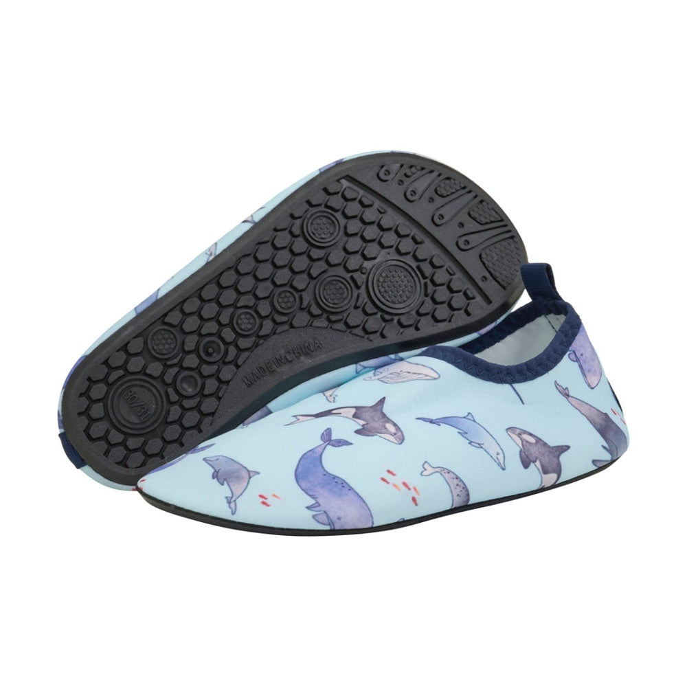 Color Kids Swim Shoes Summer Song for toddlers, light blue dolphin-print slip-on with textured black rubber sole