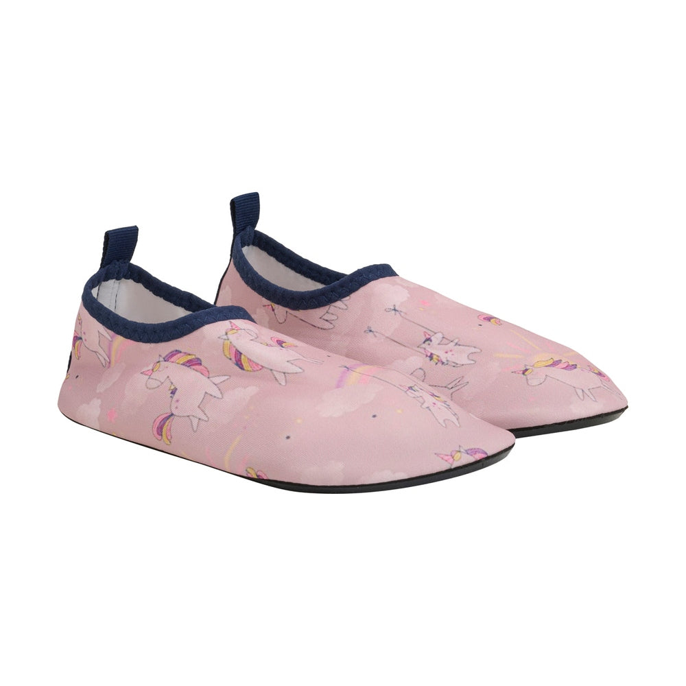 Color Kids Swim Shoes Woodrose for kids, pink with navy trim and unicorn print, slip-on water shoes
