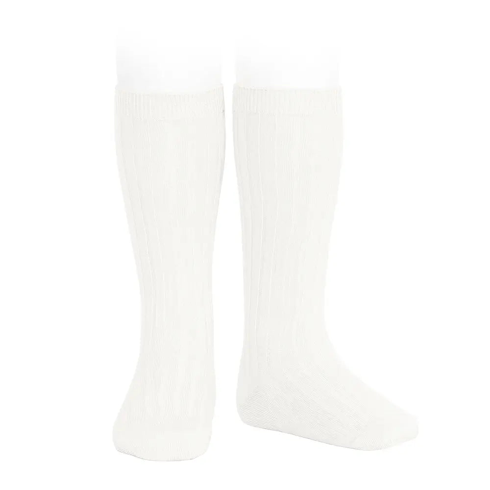 Condor Basic Rib Knee High Socks Cream, cream rib-knit knee-highs worn on a child's legs for cozy warmth.