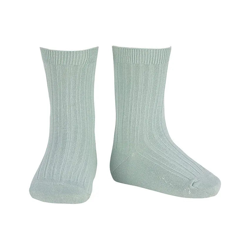 Condor Basic Rib Short Socks Sea Mist; soft ribbed baby socks worn on feet.
