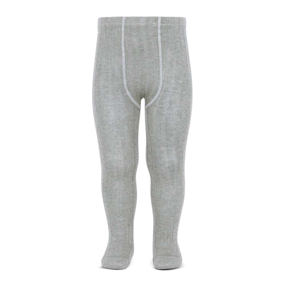 Condor Basic Rib Tights Aluminium baby tights in grey ribbed knit worn on a child's legs.