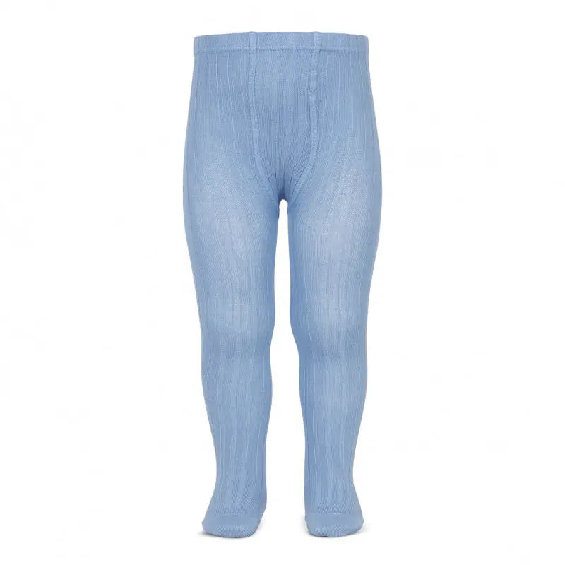 Condor Basic Rib Tights Bluish fitted on a baby's legs, soft blue rib knit full-length tights
