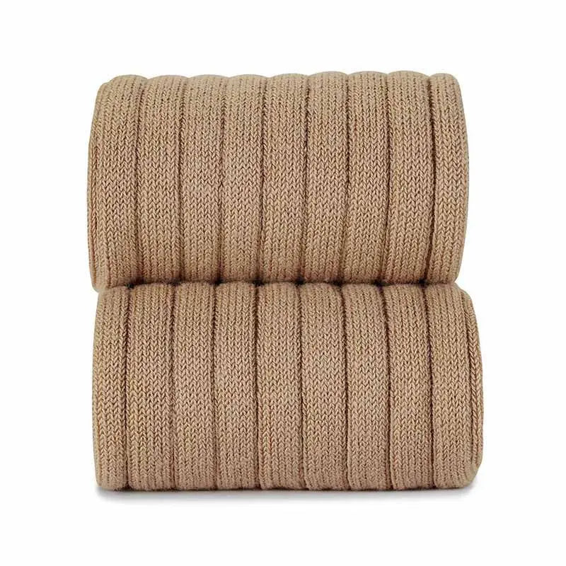 Condor Basic Rib Tights Camel two-pack; two beige ribbed knit tights neatly rolled in stacks.