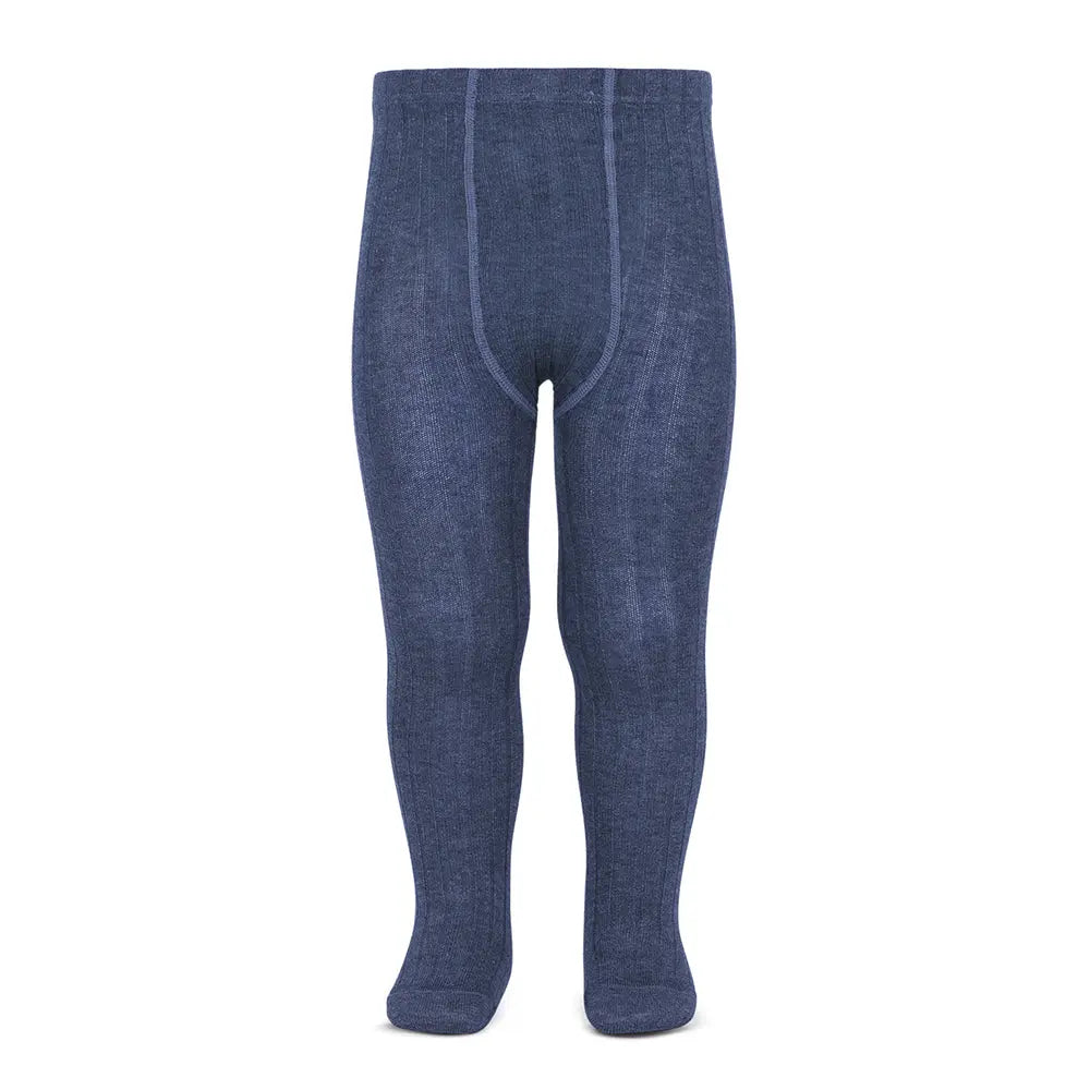 Condor Basic Rib Tights Indigo Jeans; blue ribbed knit baby tights shown on a standing form.