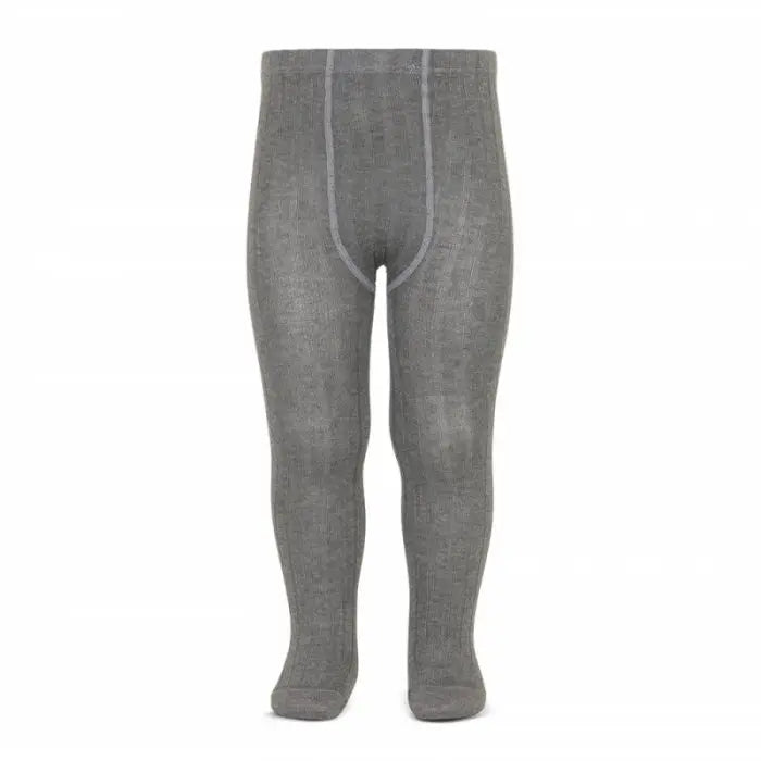 Condor Basic Rib Tights Light Grey on baby legs demonstrate ribbed knit fabric and full-foot coverage.