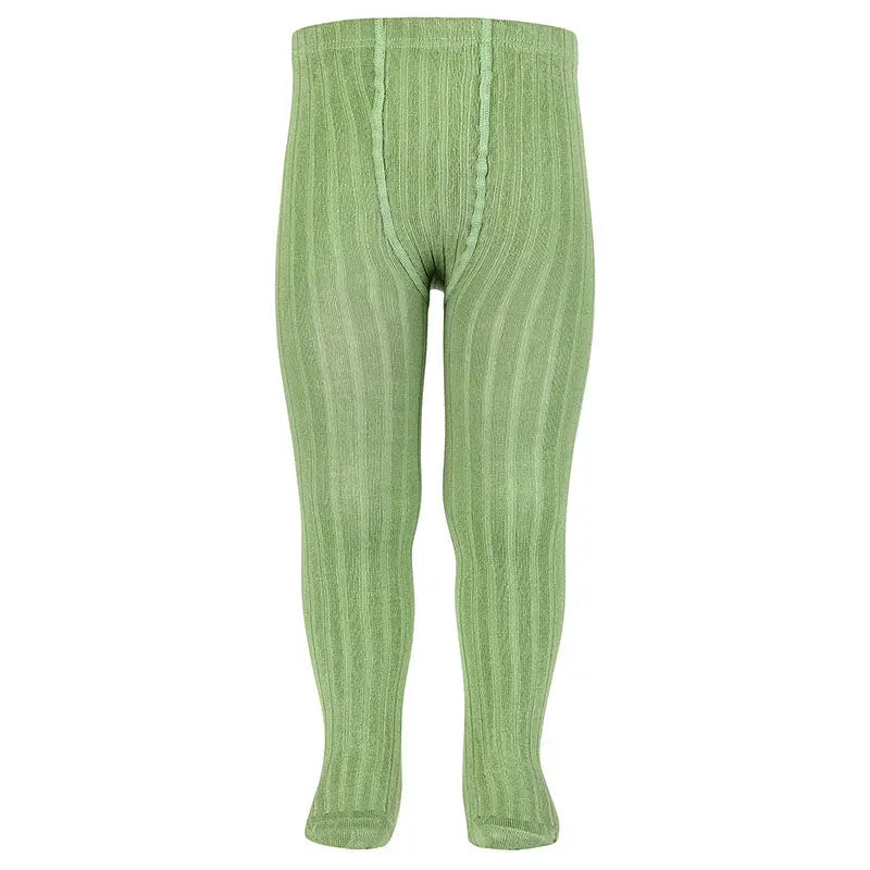 Condor Basic Rib Tights Old Pear worn on baby legs, highlighting soft rib-knit fabric and full-length fit.
