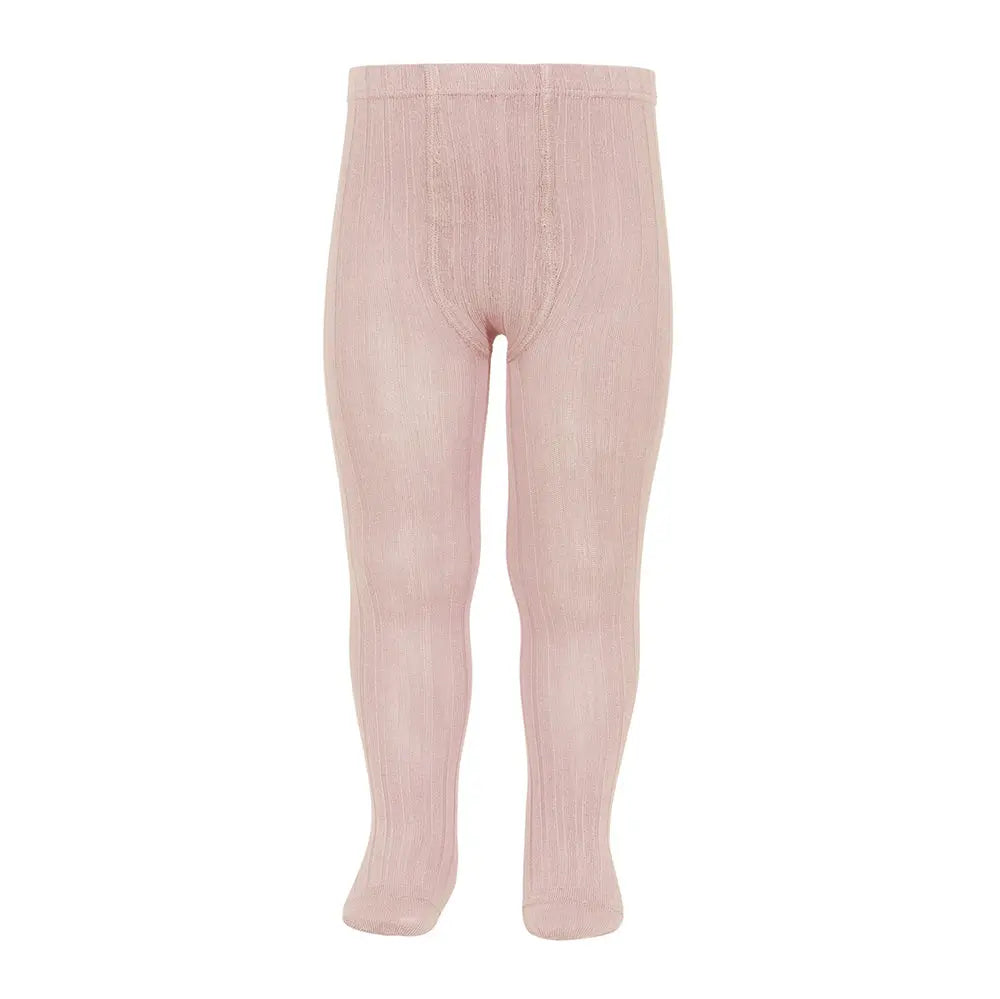 Condor Basic Rib Tights Old Pink for babies, pink rib-knit full-foot tights worn on small legs.