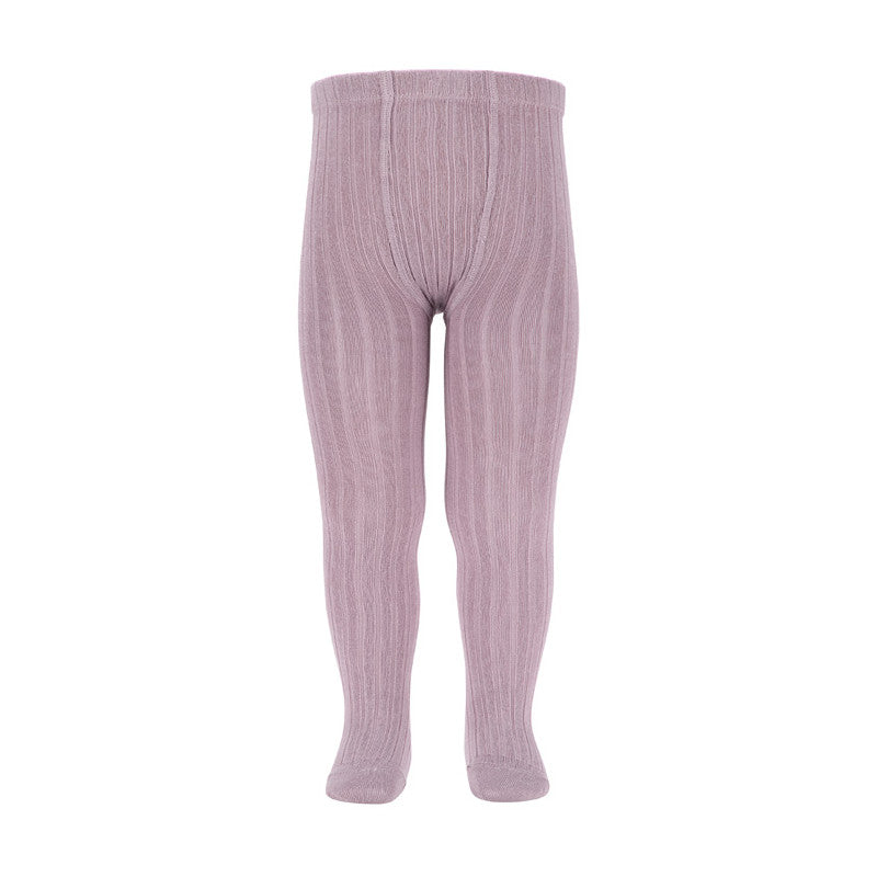 Condor Basic Rib Tights Pearl worn by a baby, soft lavender ribbed knit for cozy warmth.