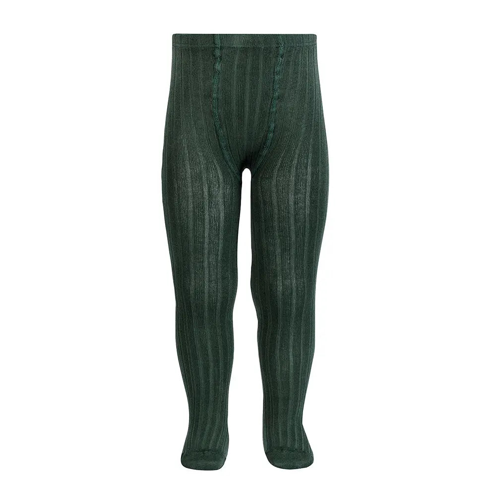 Condor Basic Rib Tights Pine Green displayed flat, showcasing the knitted rib texture and full-length legs.