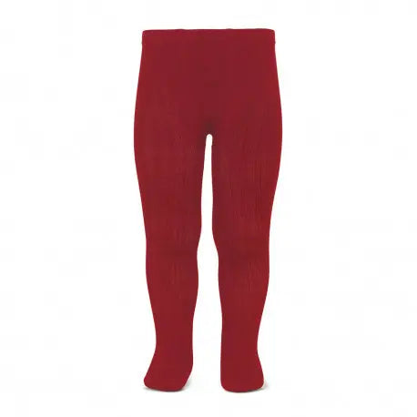 Condor Basic Rib Tights Tronco red rib-knit baby tights as a toddler stands with feet together.