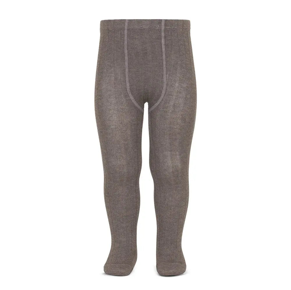 Condor Basic Rib Tights Trunk gray ribbed knit baby tights displayed on a standing form to show soft stretch fabric.