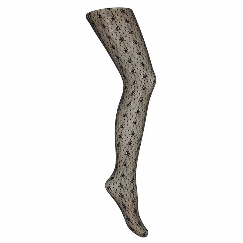 Condor Ceremony Silk Lace Pantyhose Black on a model leg, showcasing sheer floral lace pattern.