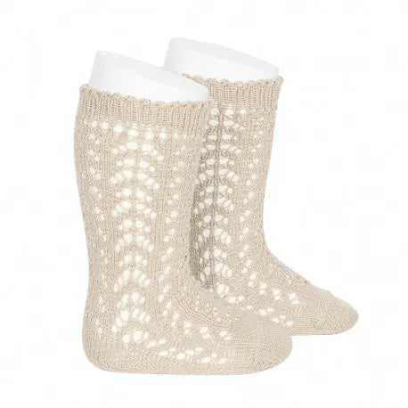 Condor Cotton Openwork Knee-High Socks Linen beige, set of 2, shown as two knitted knee-highs with airy pattern.