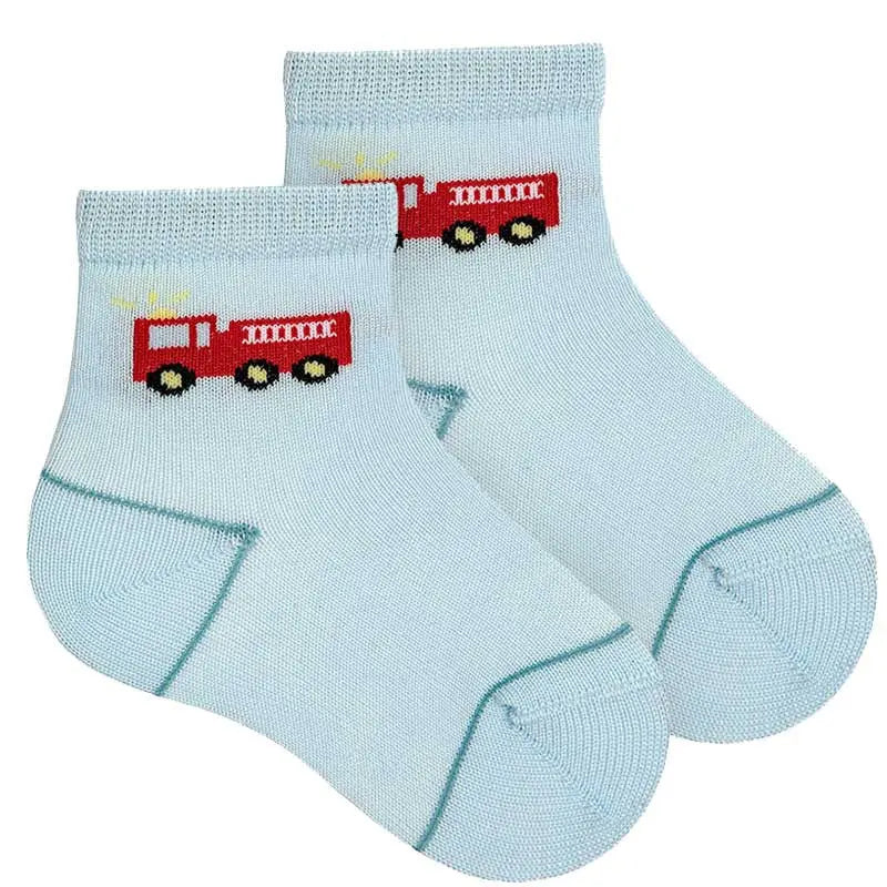Condor Fire Truck Embroidery Short Socks for babies in baby blue, with red fire-truck embroidery on the cuff; 2-pack.