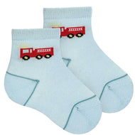 Condor Fire Truck Embroidery Short Socks Baby Blue