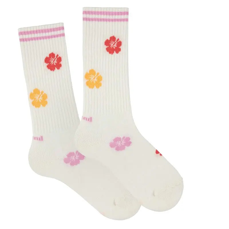 Condor Hibiscus Sport Socks Cream; cream athletic crew socks with pink and yellow hibiscus flowers shown flat.